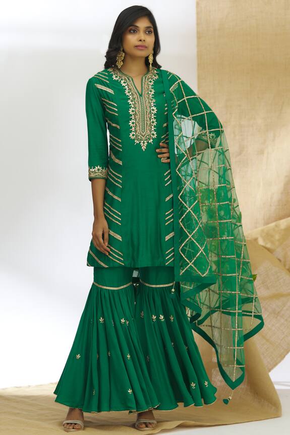 Ariyana Couture Green Muslin Embroidered Kurta Sharara Set 0