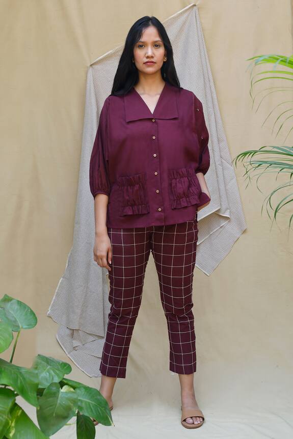 Chambray & Co. Purple Cotton Ruffle Pocket Shirt 0
