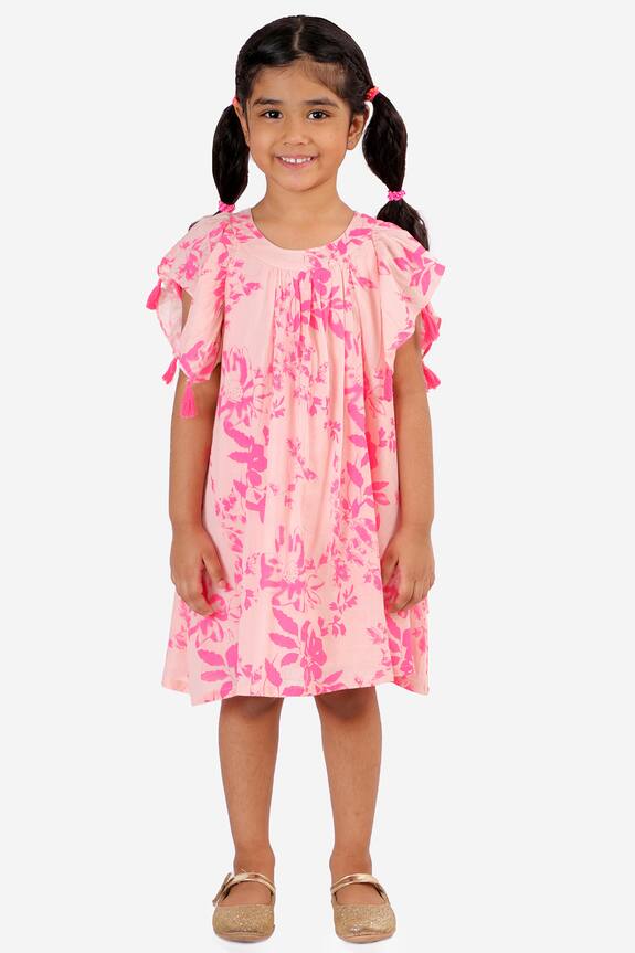 Lil Drama Pink Cotton Printed Dress For Girls 0