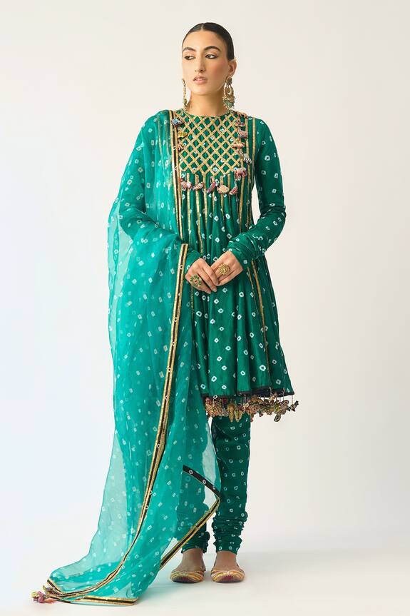 Buy Itrh Green Cotton Avani Bandhani Pattern Anarkali Set Online | Aza ...