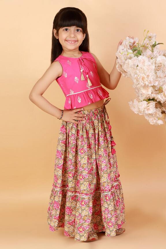 Lil Drama Pink Floral Print Lehenga And Choli Set For Girls 3