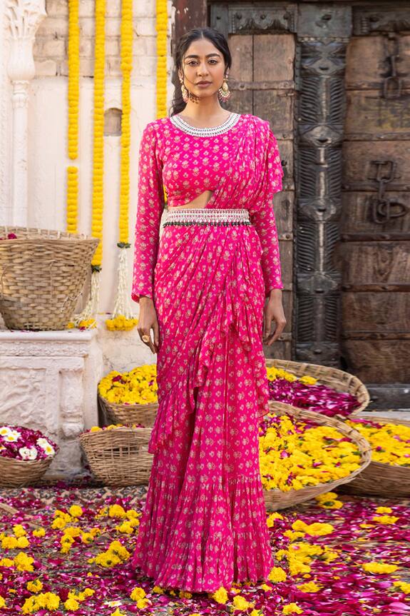 Chhavvi Aggarwal Pink Georgette Pre-draped Ruffle Saree Set 1