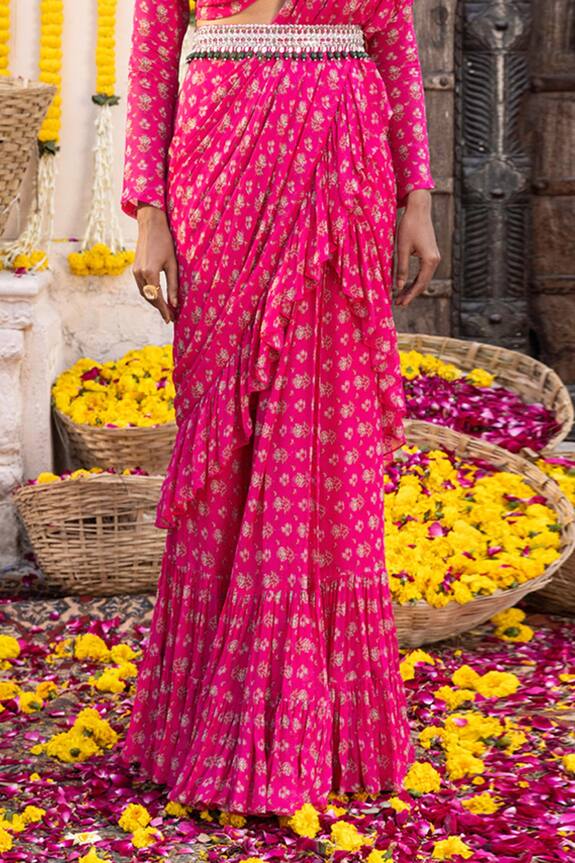 Chhavvi Aggarwal Pink Georgette Pre-draped Ruffle Saree Set 5