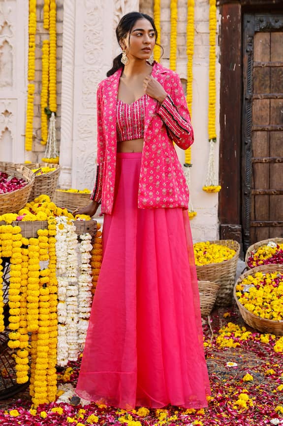 Chhavvi Aggarwal Pink Crepe Printed Jacket And Lehenga Set 0