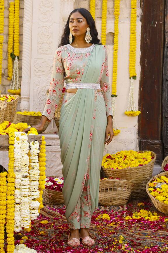Chhavvi Aggarwal Green Georgette Pre-draped Printed Pant Saree Set 1