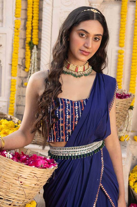 Chhavvi Aggarwal Blue Georgette Pre-draped Saree Set 4