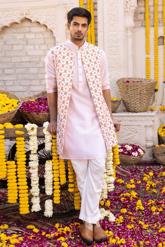 Chhavvi Aggarwal Peach Crepe Floral Print Jacket And Kurta Set 3
