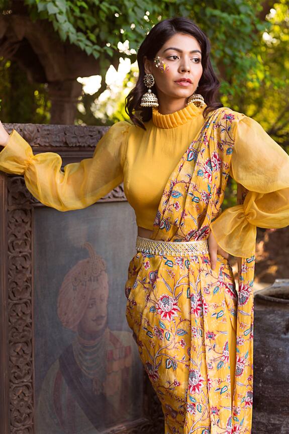 Chhavvi Aggarwal Yellow Crepe Printed Pant Saree With Blouse 5