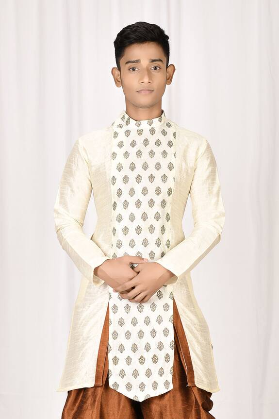 Aryavir Malhotra White Printed Silk Kurta For Boys 0