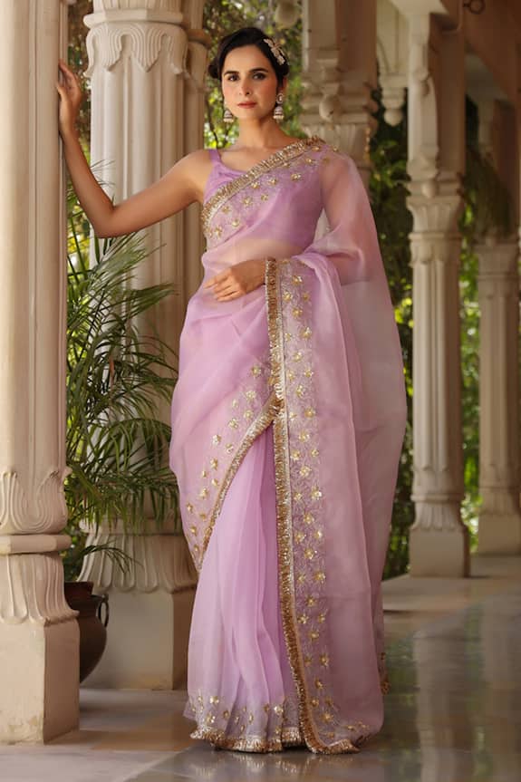 Buy_Charu Makkar_Purple Pure Silk Organza Saree_at_Aza_Fashions