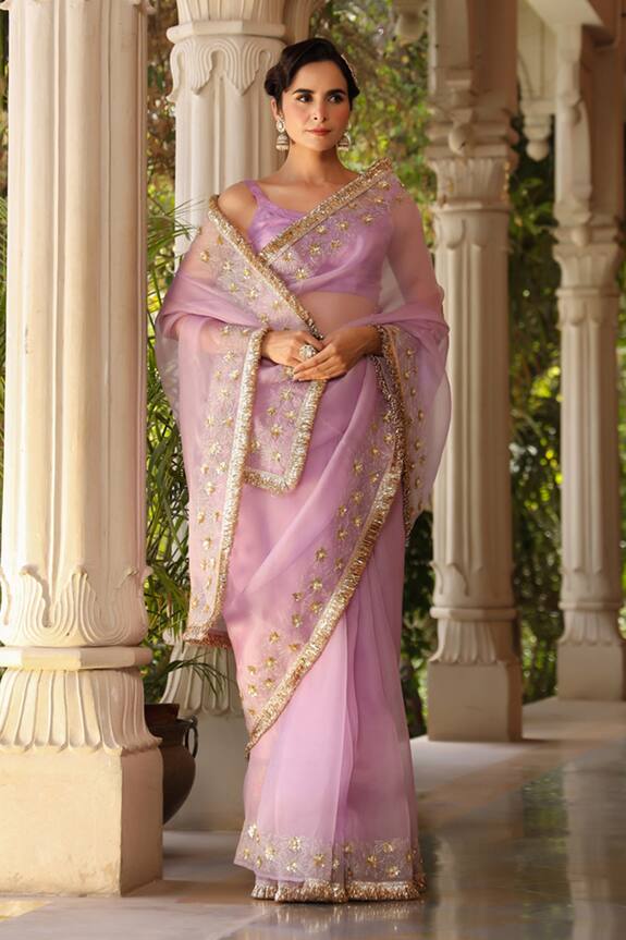 Charu Makkar_Purple Pure Silk Organza Saree_Online_at_Aza_Fashions
