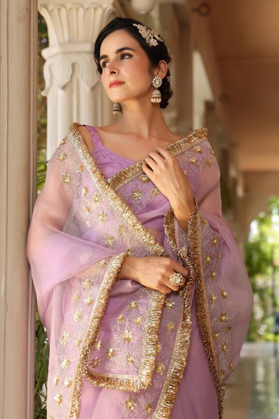 Shop_Charu Makkar_Purple Pure Silk Organza Saree_Online_at_Aza_Fashions