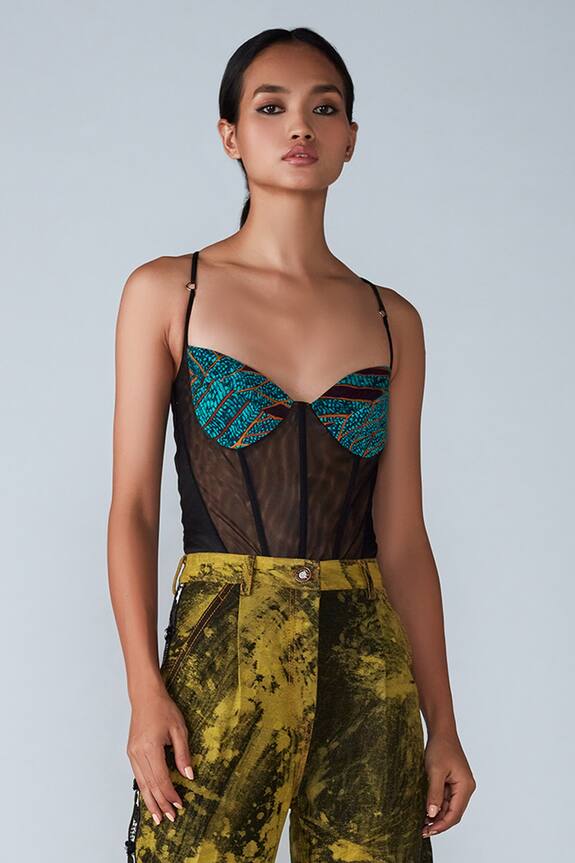 Buy Saaksha & Kinni Black Satin Tile Print Corset Bodysuit Online Aza