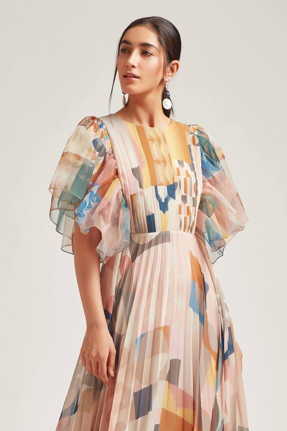 Pankaj & Nidhi Multi Color Polyester Chiffon Pleated Printed Maxi Dress 3