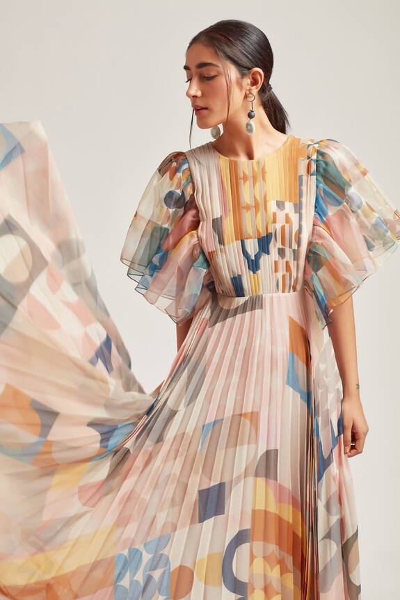Pankaj & Nidhi Multi Color Polyester Chiffon Pleated Printed Maxi Dress 4