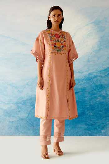 Peach Chanderi Silk Kurti Set with Pant & Dupatta main image 1