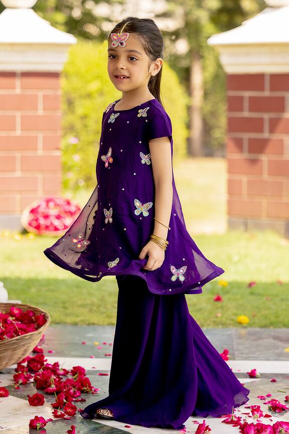 Panchhi by Kanupriya Tibrewala Purple Butterfly Embroidered Tunic And Palazzo Set For Girls 1