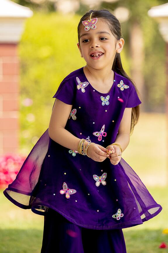 Panchhi by Kanupriya Tibrewala Purple Butterfly Embroidered Tunic And Palazzo Set For Girls 3