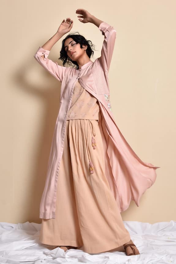 Kanika Sharma Peach Crincled Cotton Flared Pant Set With Long Jacket 1