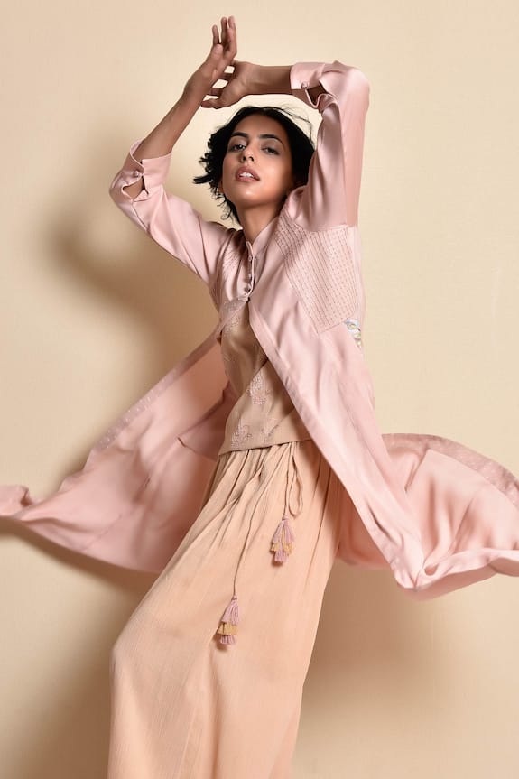 Kanika Sharma Peach Crincled Cotton Flared Pant Set With Long Jacket 3