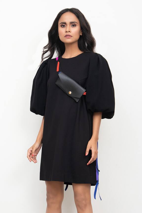 Deepika Arora Black Ponte Roma Shift Puff Sleeve Dress With Bag 1