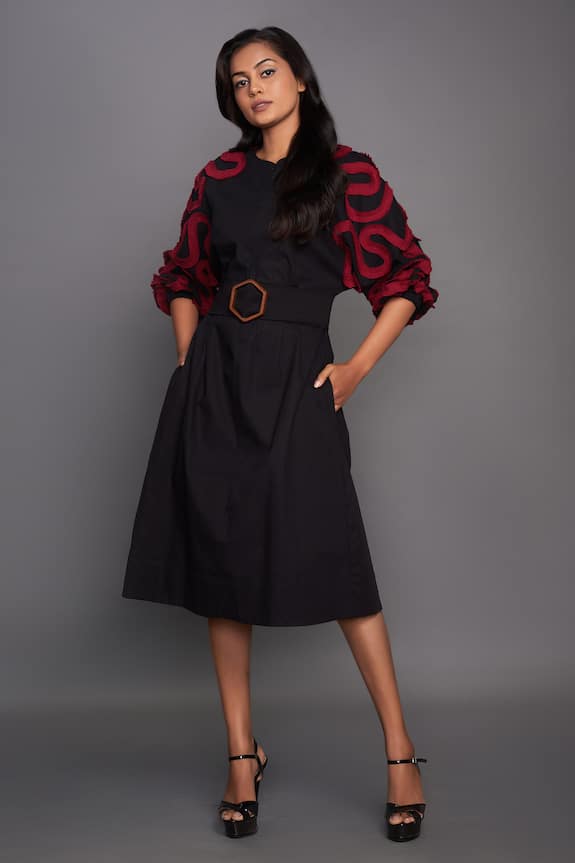 Deepika Arora Black Cotton Midi Dress With Belt 3