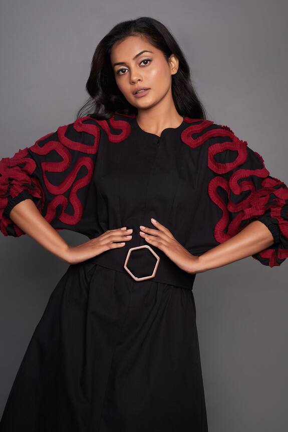 Deepika Arora Black Cotton Midi Dress With Belt 4