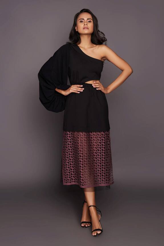 Buy Deepika Arora Black Ponte Roma One Shoulder Cutwork Dress Online ...