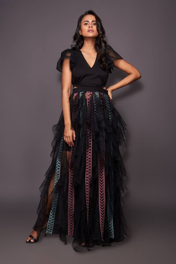 Deepika Arora Black Ponte Roma Sheer Ruffle Dress 1