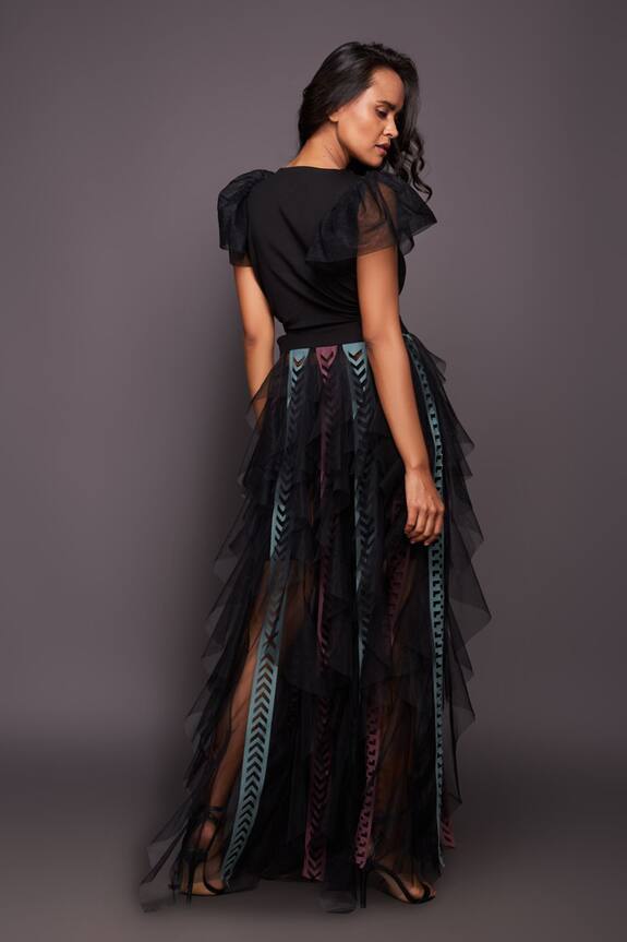 Deepika Arora Black Ponte Roma Sheer Ruffle Dress 2