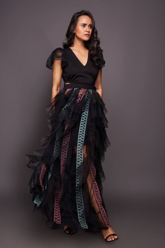 Deepika Arora Black Ponte Roma Sheer Ruffle Dress 3