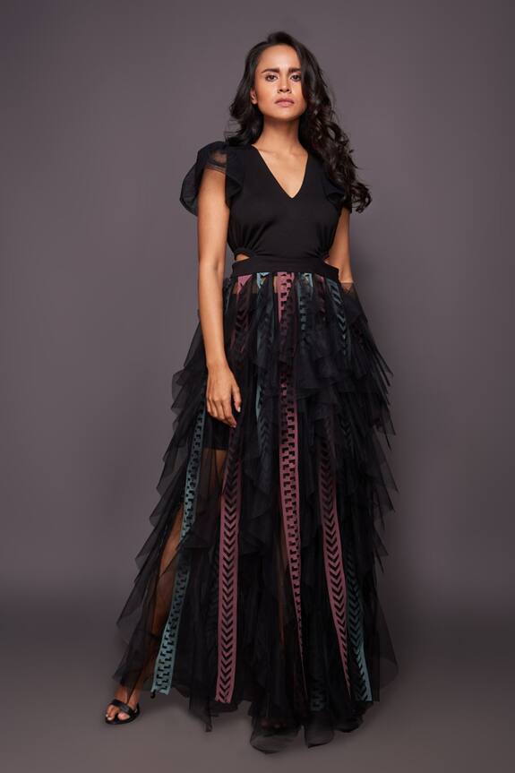 Deepika Arora Black Ponte Roma Sheer Ruffle Dress 4