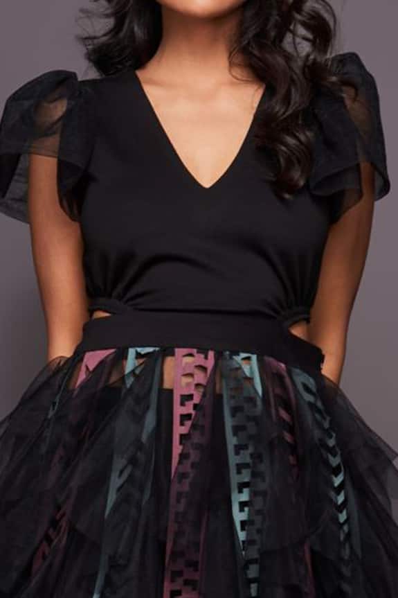 Deepika Arora Black Ponte Roma Sheer Ruffle Dress 6