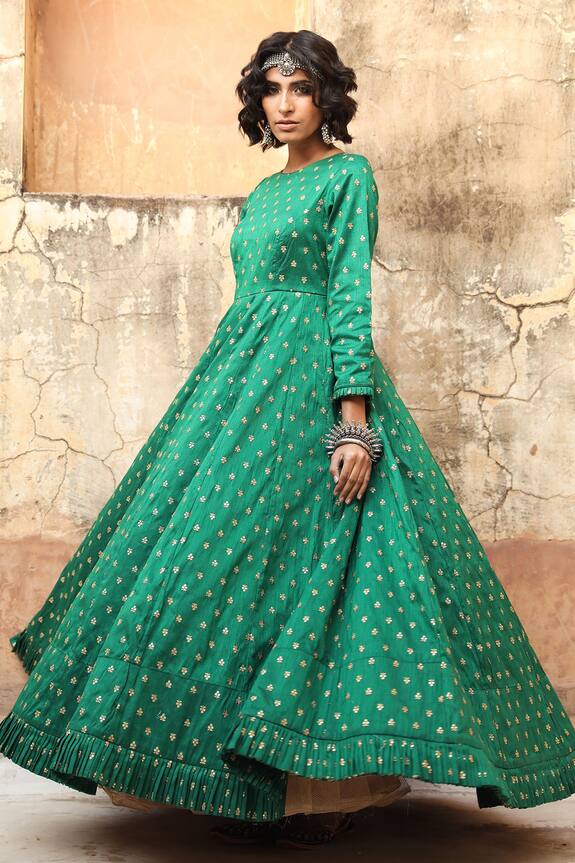 Gulabo Jaipur Green Daulat Cotton Silk Sequin Work Gown 0