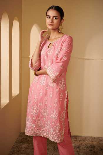 INDACORIFY Kurta in cotone Anarkali con stampa floreale e pantaloni e abito indiano Dupatta (Blue, X-Small