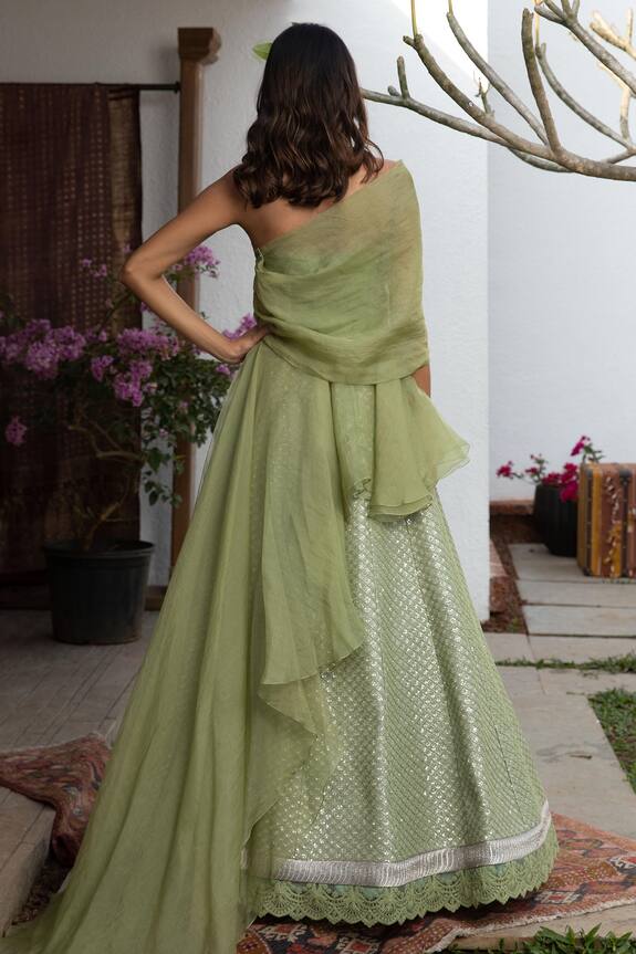 Jade by Monica and Karishma Green Tulle Draped Choli And Embroidered Lehenga Set 2