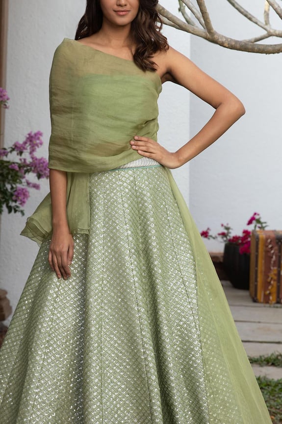 Jade by Monica and Karishma Green Tulle Draped Choli And Embroidered Lehenga Set 3
