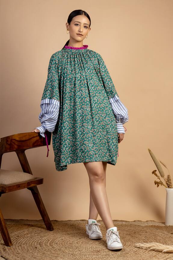 Doodlage Green Upcycled Cotton Alice Floral Print Dress 0
