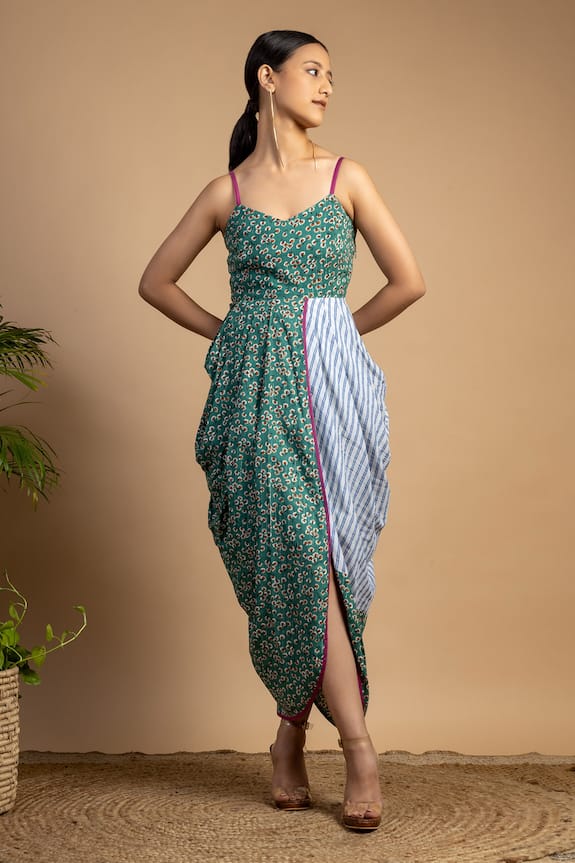 Doodlage Green Upcycled Cotton Diane Cowl Draped Dress 0