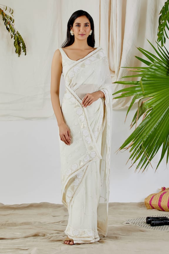 Devyani Mehrotra White Embroidered Georgette Saree 1