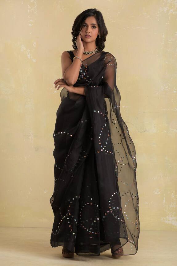 Charkhee Black Organza Embroidered Saree With Blouse 0