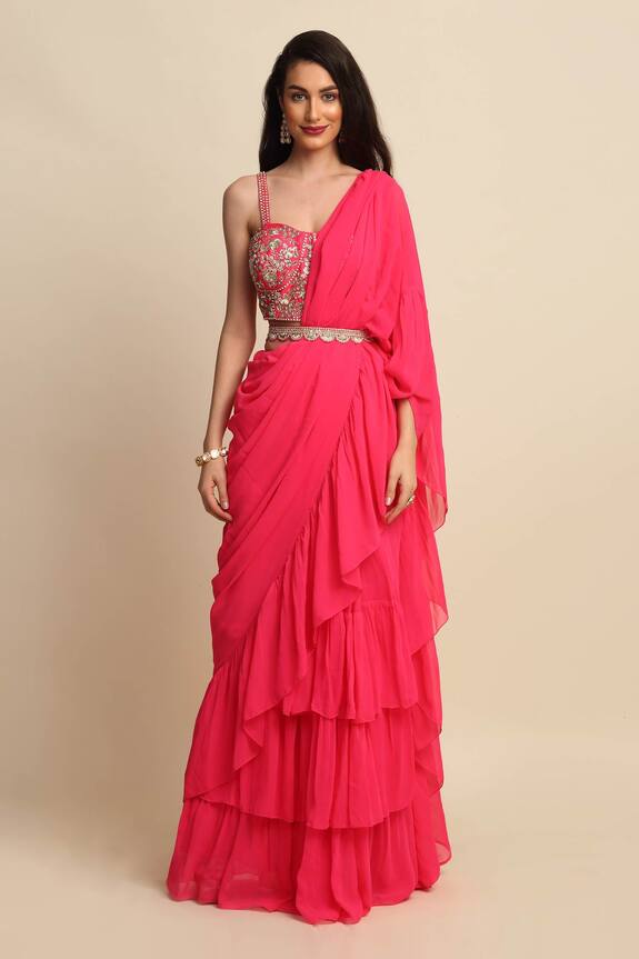 Daddy's Princess Pink Shantoon Georgette Ruffle Saree With Blouse 4
