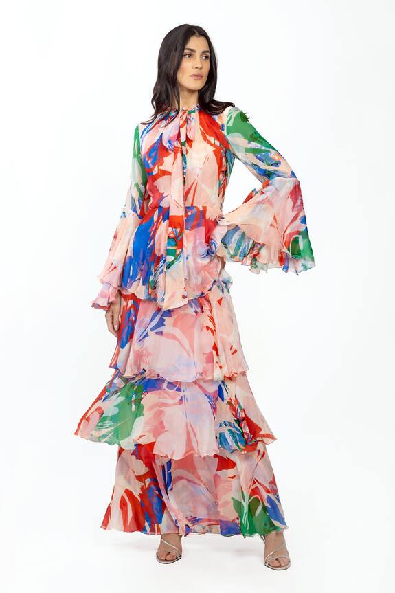 Mandira Wirk Beige Chiffon Abstract Print Long Dress 1