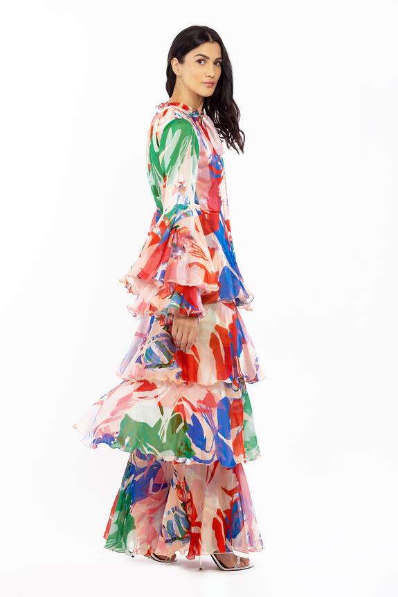 Mandira Wirk Beige Chiffon Abstract Print Long Dress 3