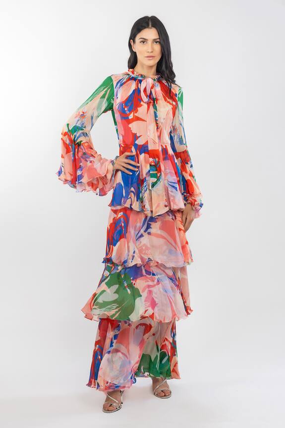 Mandira Wirk Beige Chiffon Abstract Print Long Dress 4