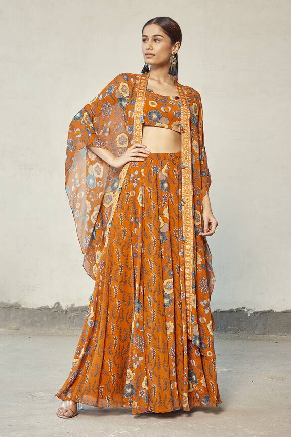DiyaRajvvir Orange Georgette Floral Printed Skirt Set With Jacket 1