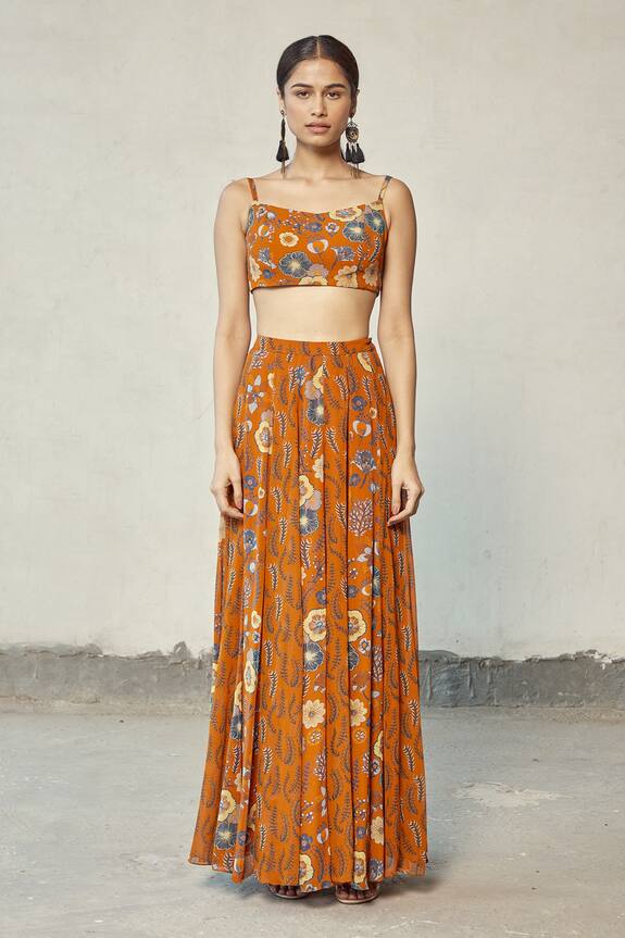 DiyaRajvvir Orange Georgette Floral Printed Skirt Set With Jacket 3