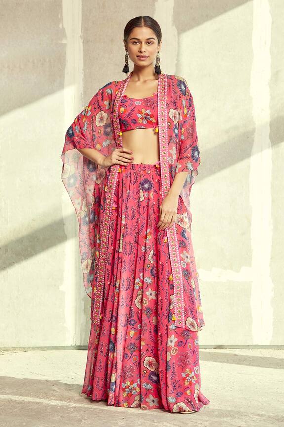 DiyaRajvvir Pink Georgette Floral Print Skirt Set With Jacket 1