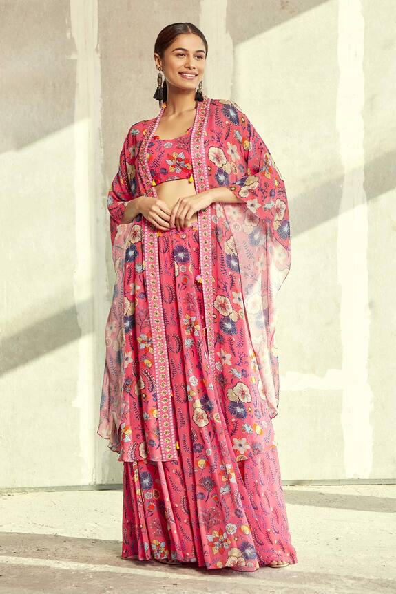 DiyaRajvvir Pink Georgette Floral Print Skirt Set With Jacket 4
