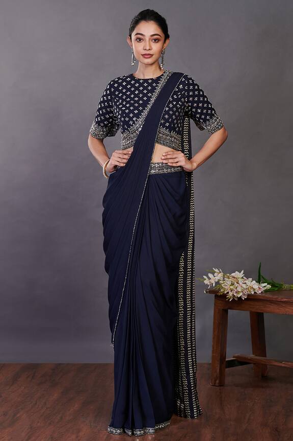Onaya Georgette Pre-draped Saree And Mirror Embroidered Blouse 1
